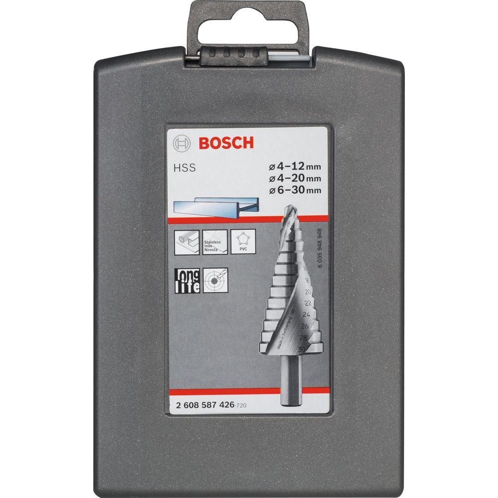 Bosch HSS Stufenbohrer-Set in grauem Kasten. Größen 4-12, 4-20, 6-30mm.