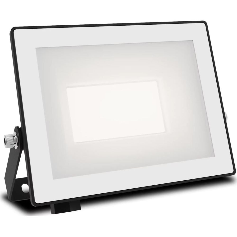 Un faretto LED rettangolare luminoso con cornice e base nere.