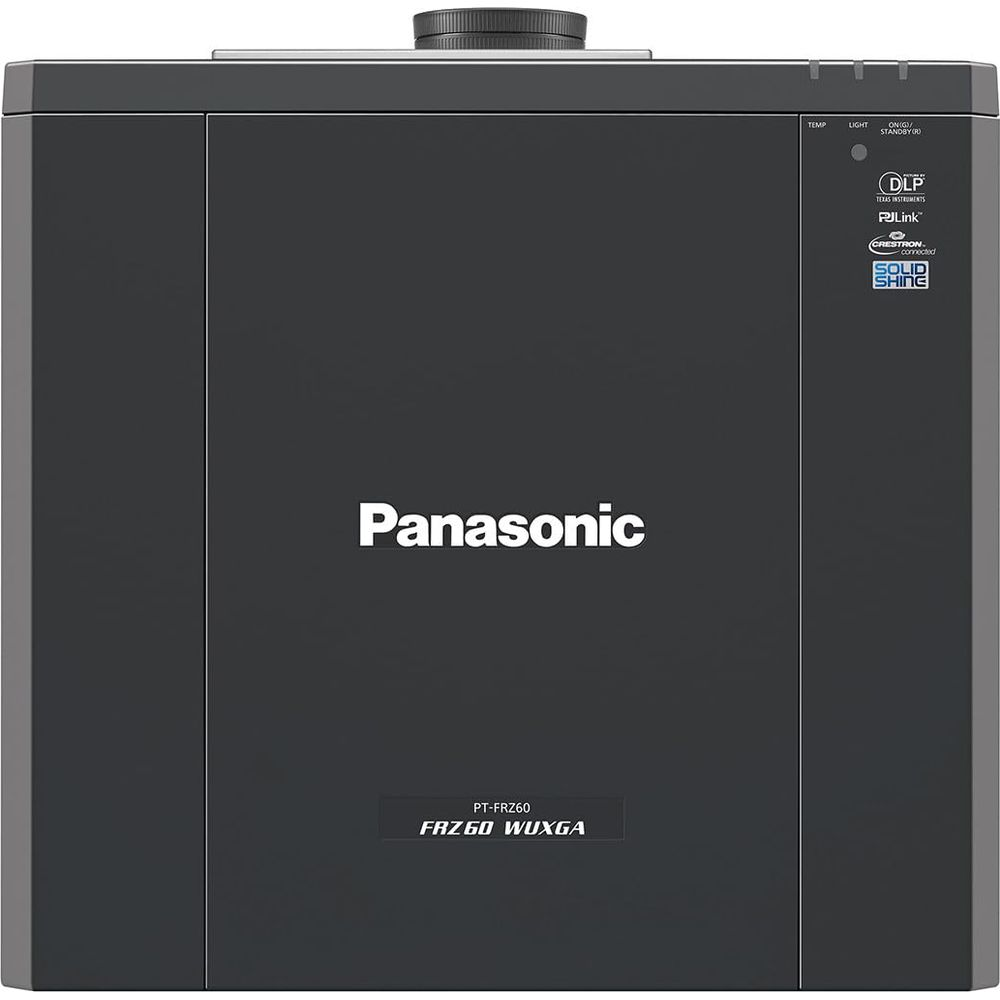 Ein schwarzer Panasonic Projektor mit Logo und Modellbezeichnung PT-FRZ60.