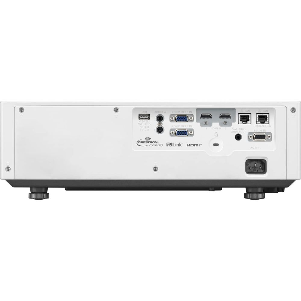 Tył projektora z portami: USB, Audio, Komputer 1/2, HDMI, LAN, Serial, AC.