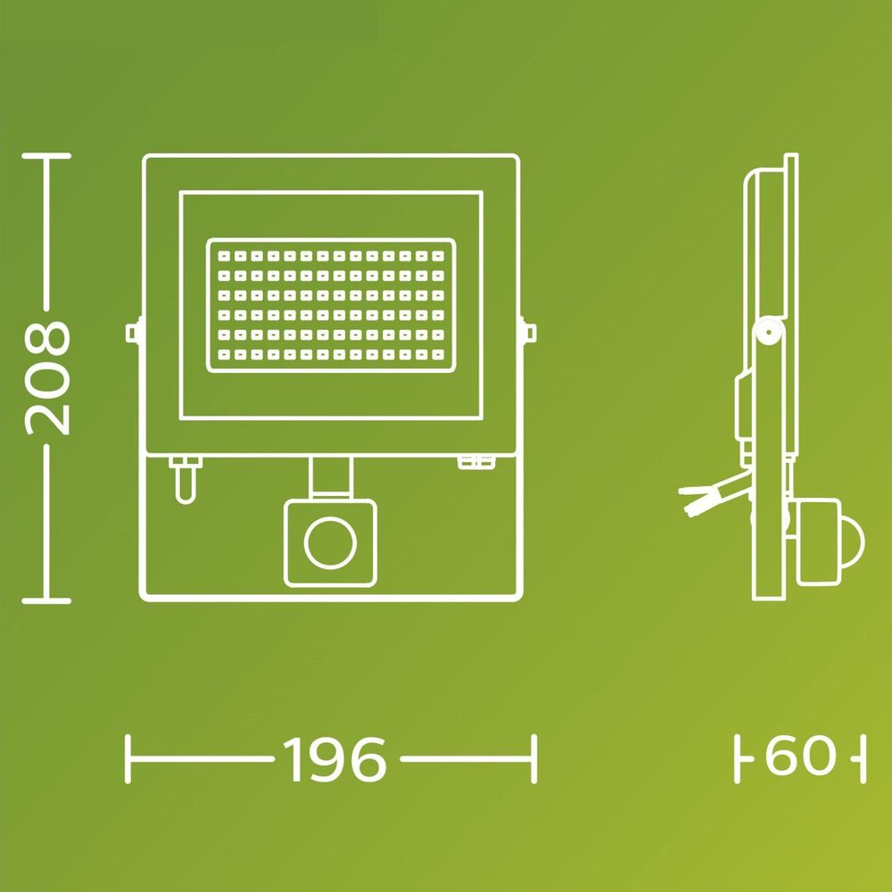 Technische Zeichnung eines Scheinwerfers mit Maßen 208x196x60mm.
