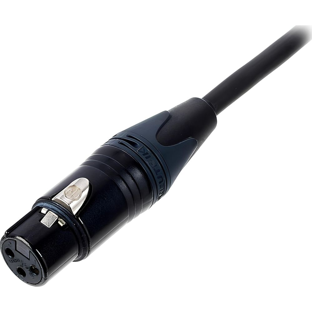 Un cavo XLR nero con un meccanismo di blocco argentato.