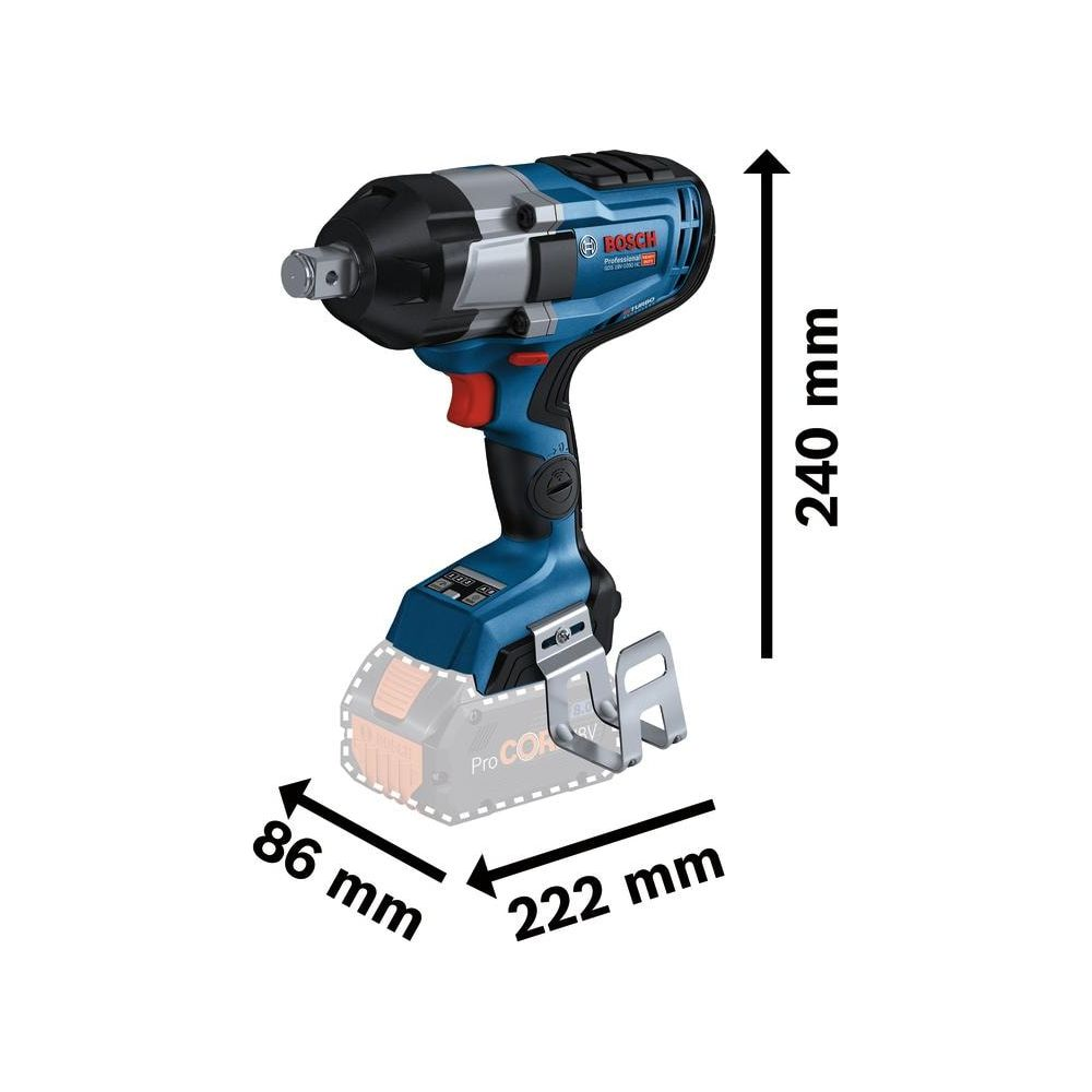 Niebieski i srebrny klucz udarowy akumulatorowy z wymiarami.