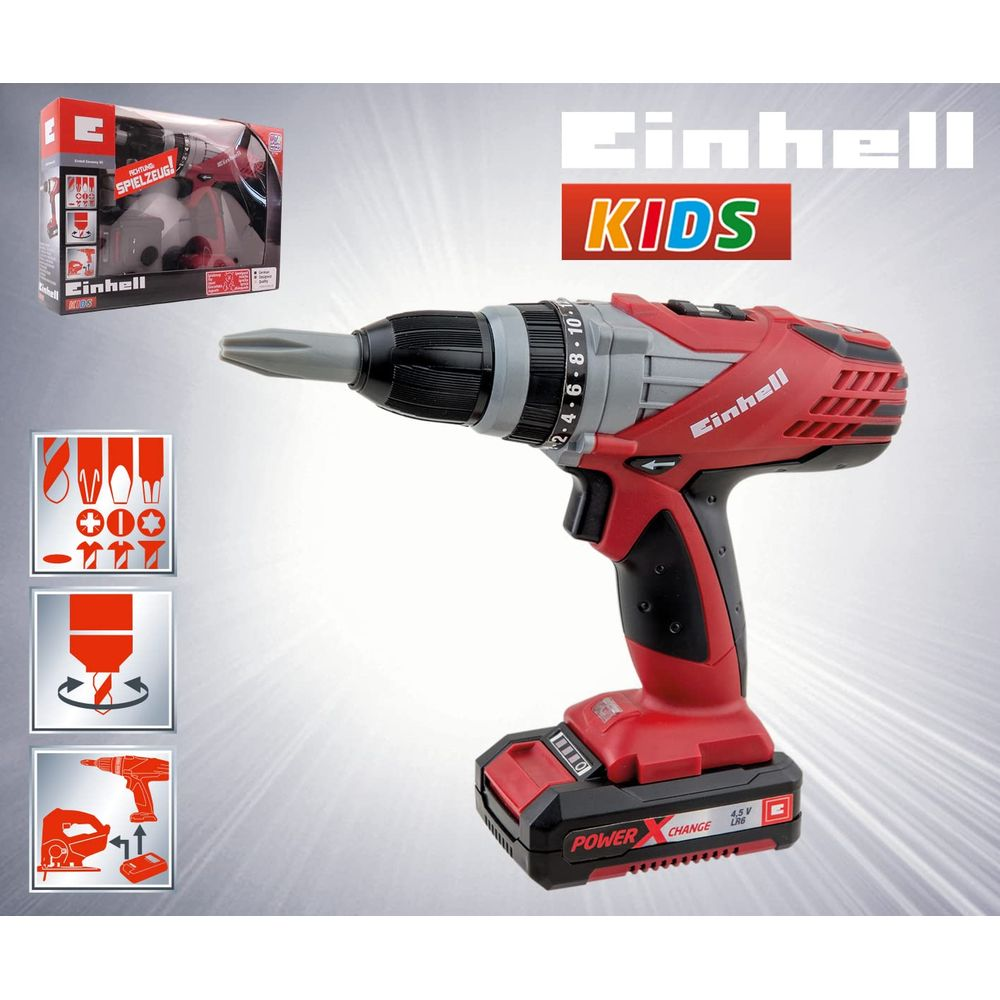 Einhell Kids Spielzeug Akkuschrauber mit Zubehör und Verpackung.