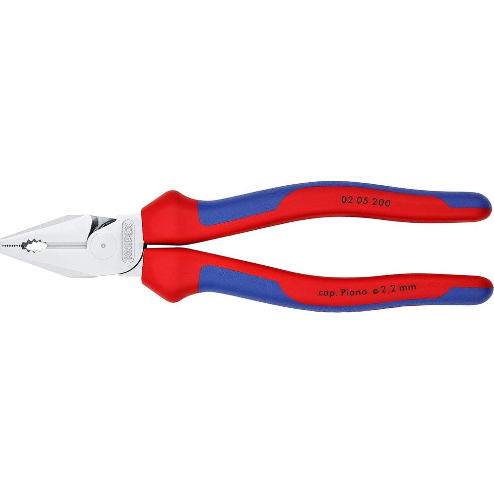 Pinza combinata con manici rossi e blu, su sfondo bianco.