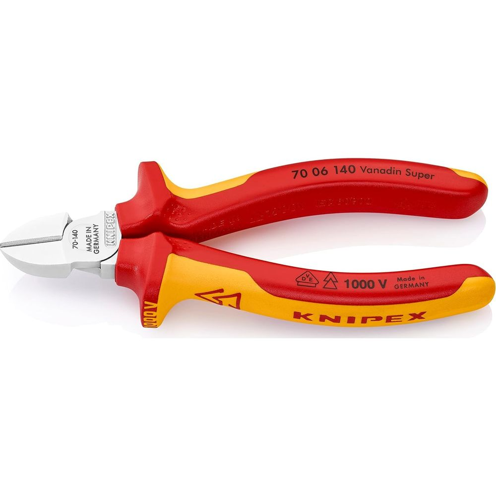 Alicates combinados Knipex rojos y amarillos con filos plateados. Marcados 1000V.