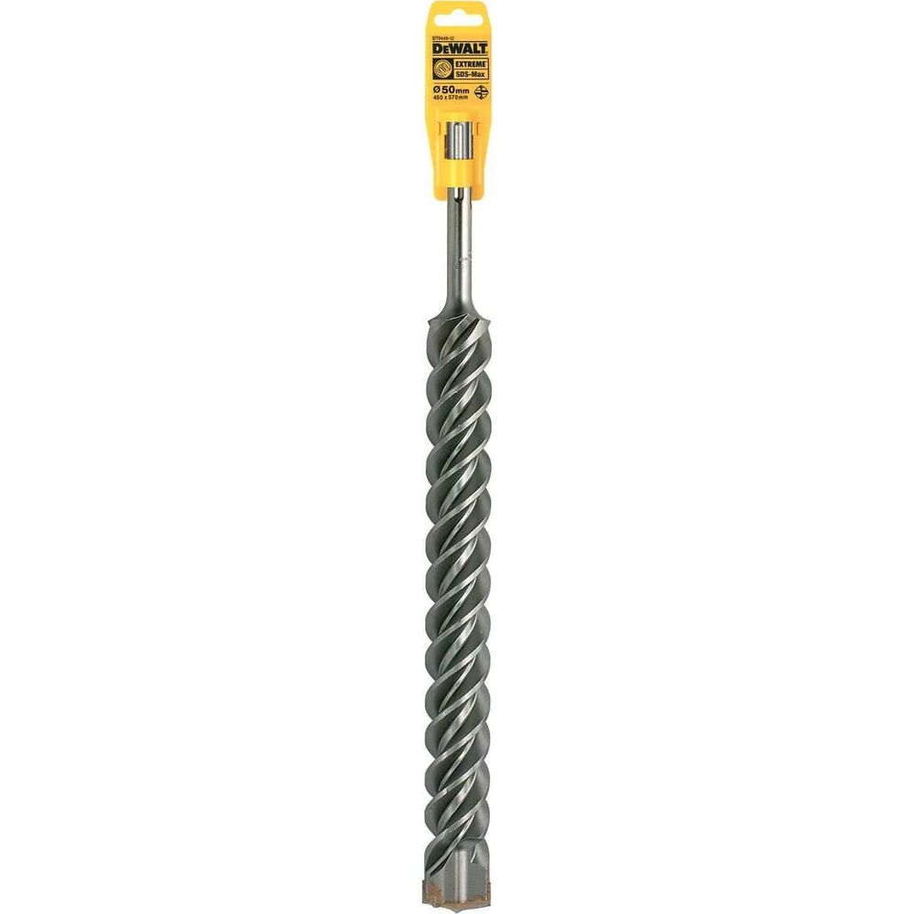 DeWalt SDS-Max Bohrer, 50mm Durchmesser, mit grauen Spiralnuten und grauer Spitze.