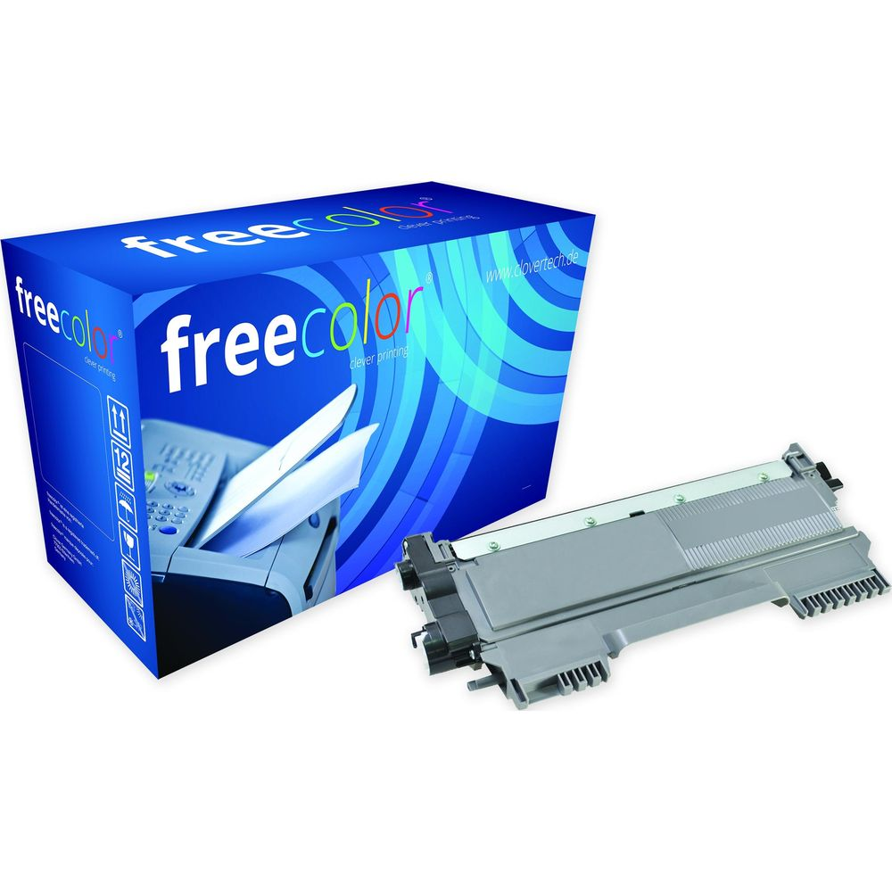 Una cartuccia toner Freecolor accanto a una scatola blu che mostra una stampante.