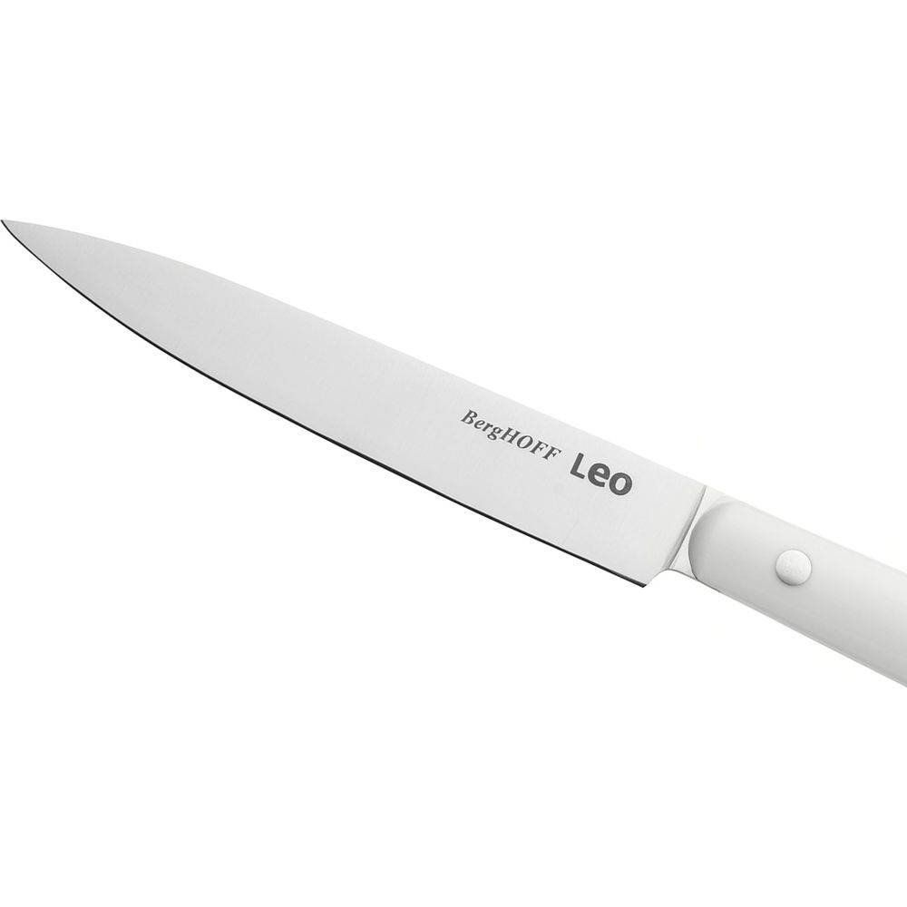 A sharp kitchen knife with a white handle lies on a white background.