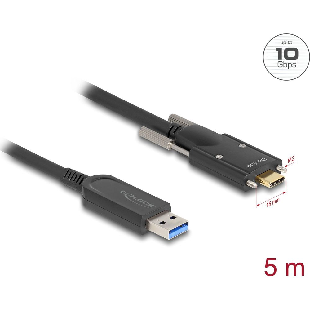 Un cavo USB-C a USB-A nero, 10 Gbps, lunghezza 5m.