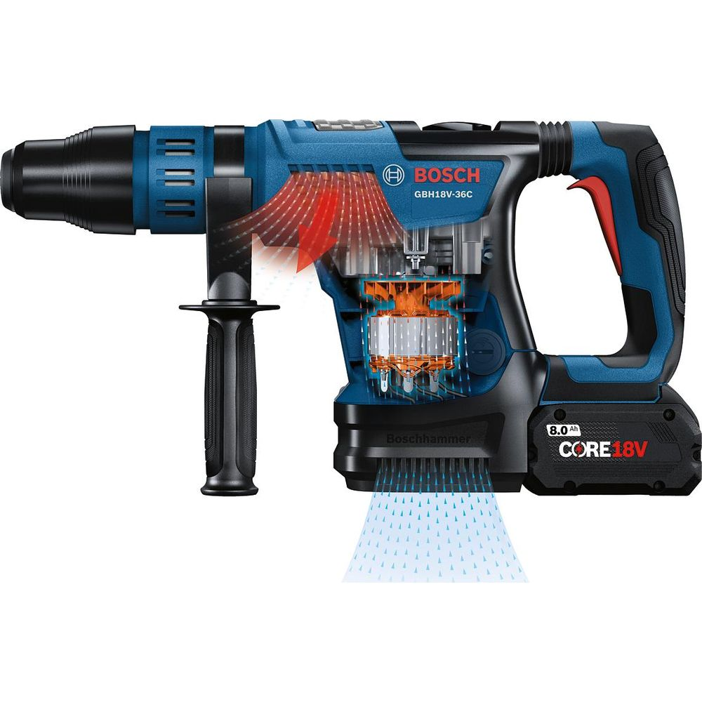 Niebieski młot udarowy Bosch z widokiem przekroju, pokazujący wentylator.