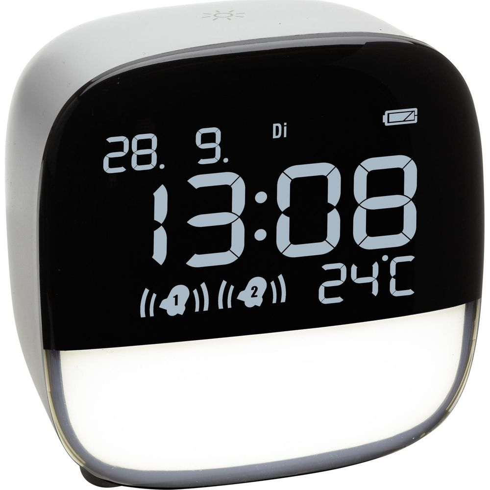 Orologio digitale mostra 13:08, 28 set, 24°C, con indicatore batteria.