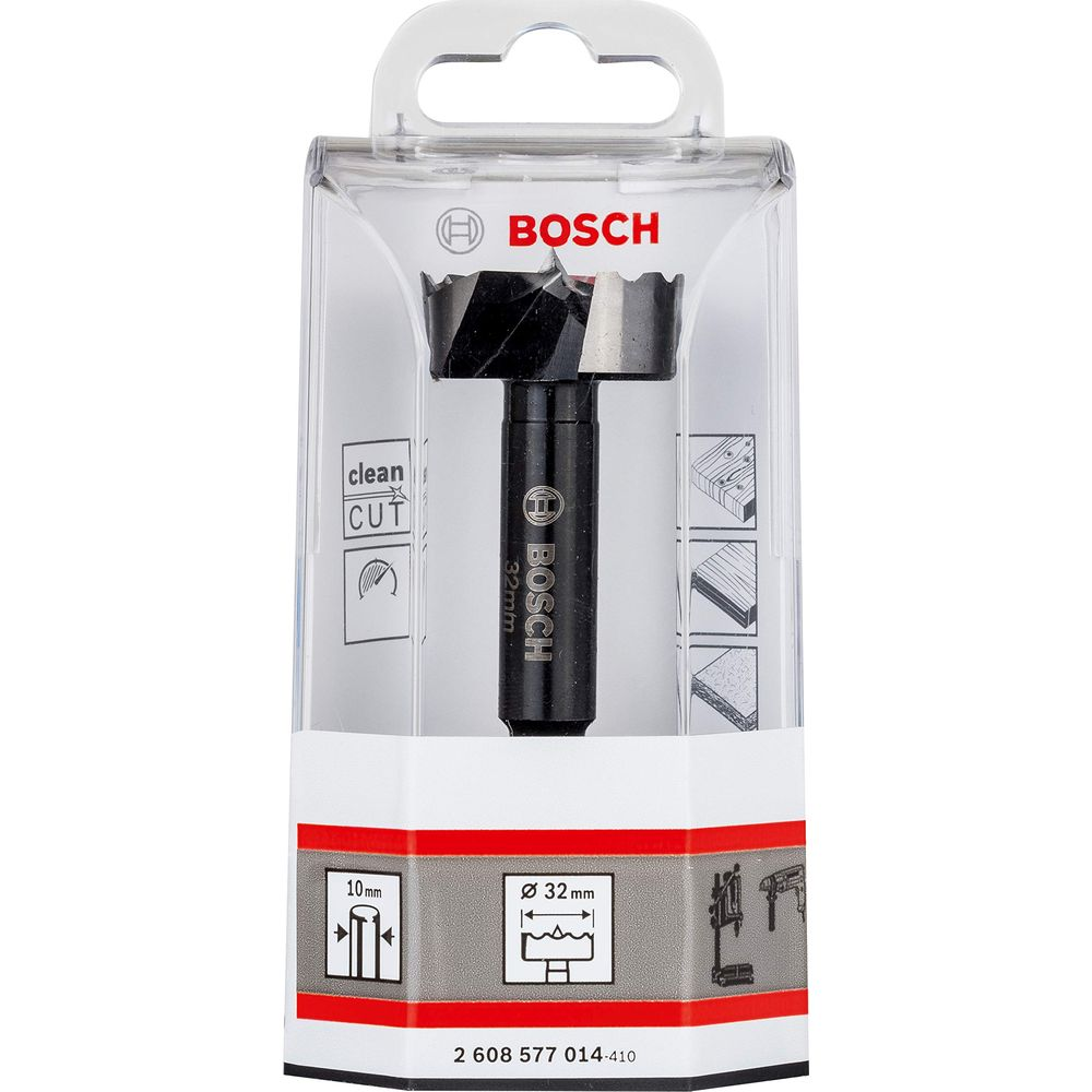 Wiertło Forstnera Bosch 32mm w przezroczystym opakowaniu z informacjami.