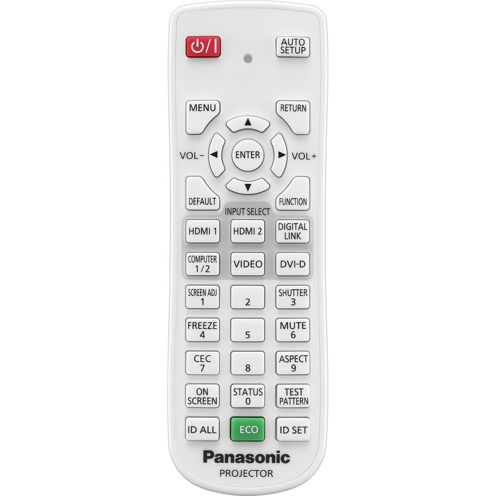Une télécommande blanche pour projecteur Panasonic avec de nombreux boutons.