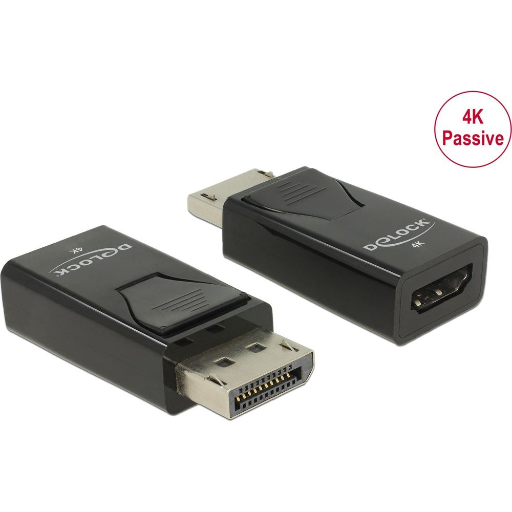 Due adattatori neri Delock, DisplayPort a HDMI e HDMI a DisplayPort.