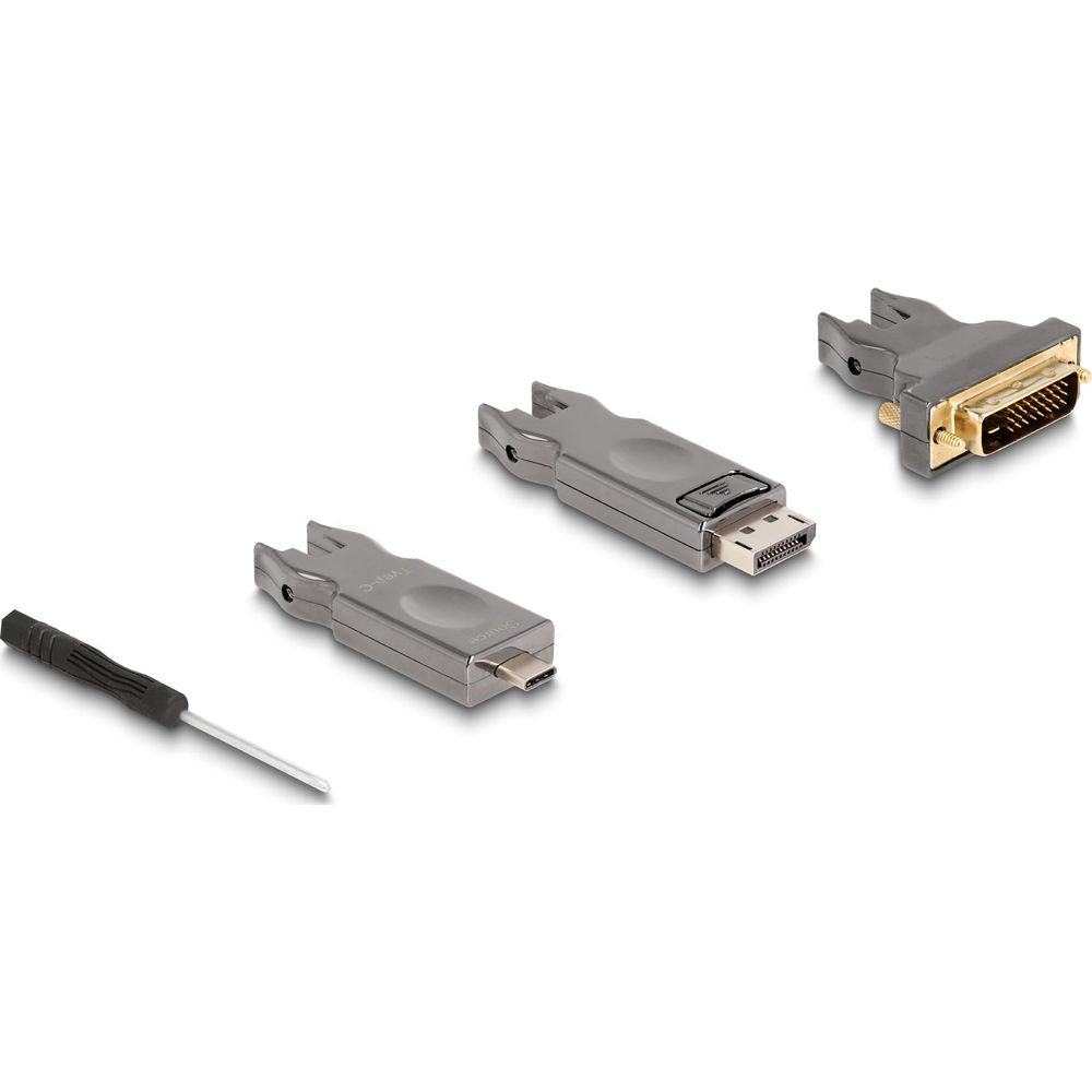 Ein Schraubendreher und drei Adapter, einer davon mit USB-C-Anschluss.