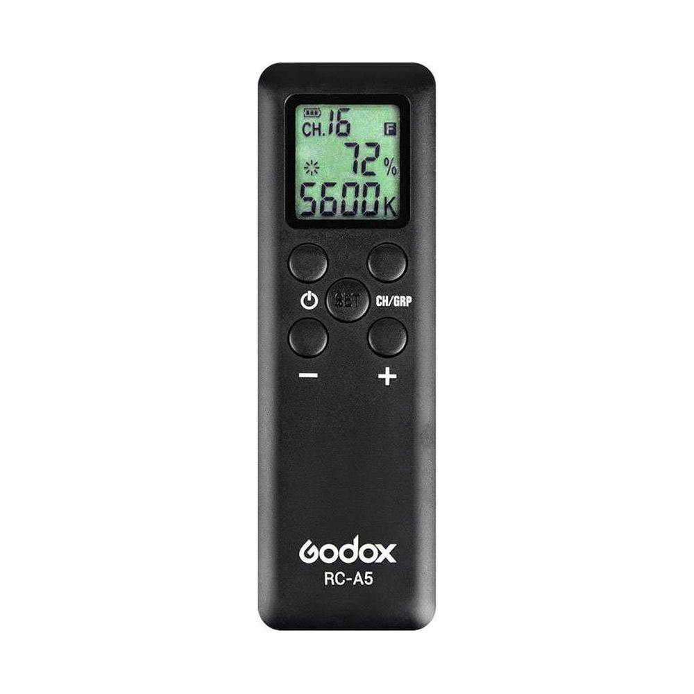 Télécommande Godox RC-A5 noire avec écran LCD, boutons et logo.