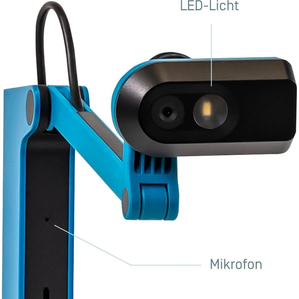Un supporto blu regge una fotocamera con luce LED e microfono.