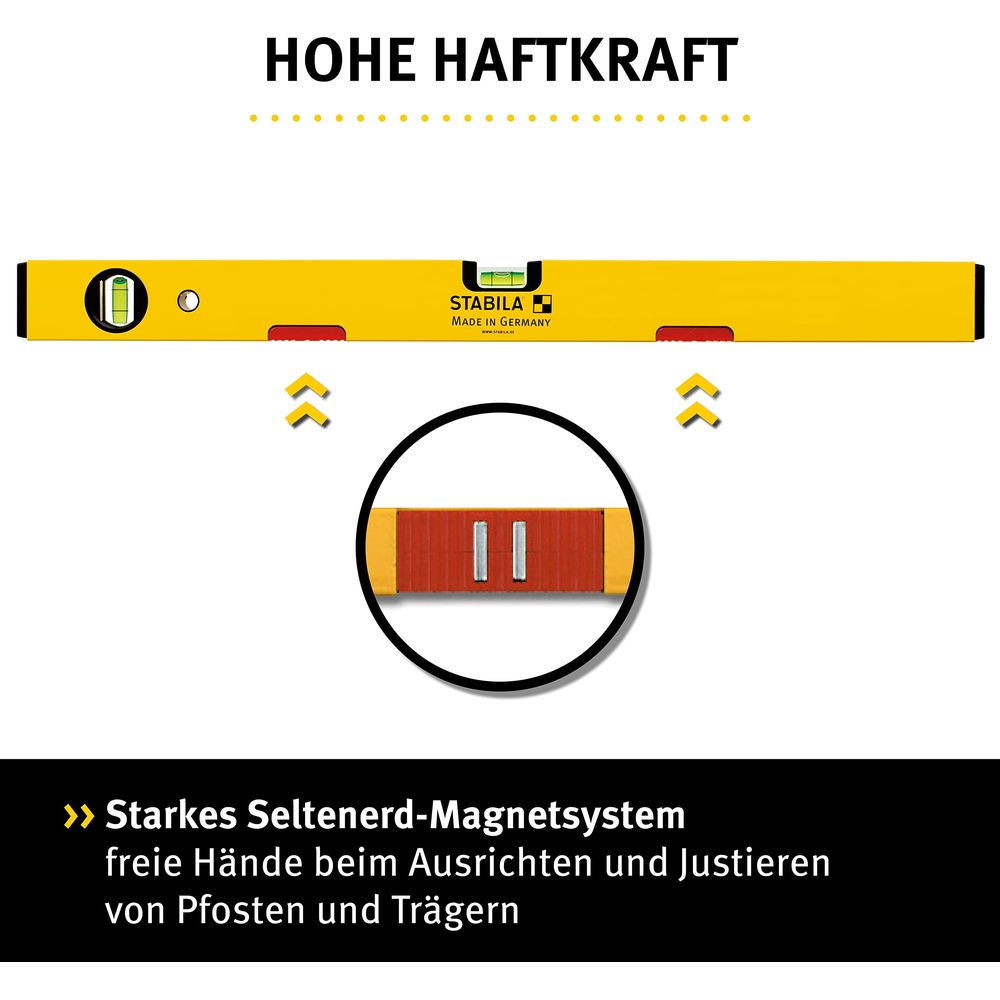 Gelber Wasserwaage mit Magnetbefestigung und Detailansicht.