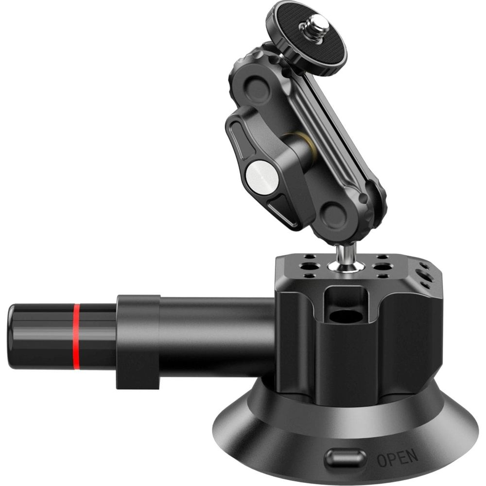 Czarny uchwyt kamery z przyssawką i regulowanym ramieniem.