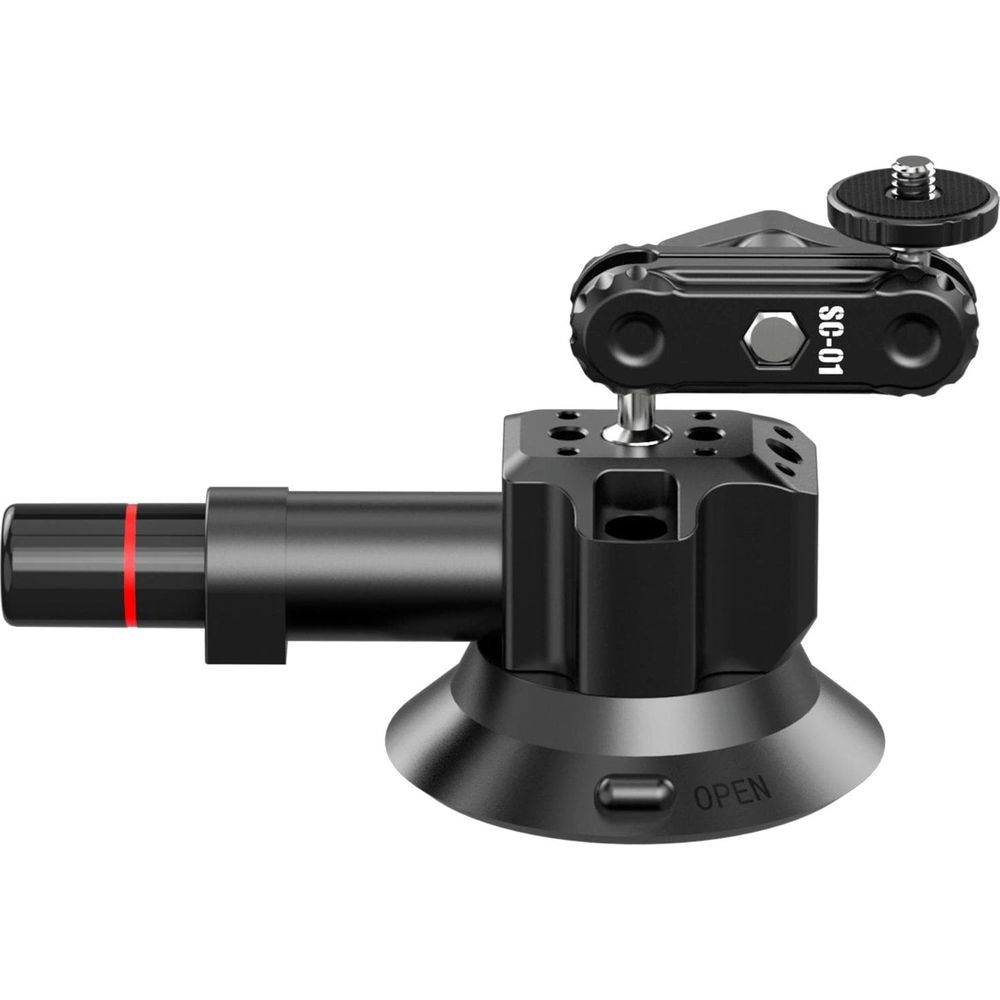 Czarny uchwyt do kamery z przyssawką i regulowanym ramieniem.