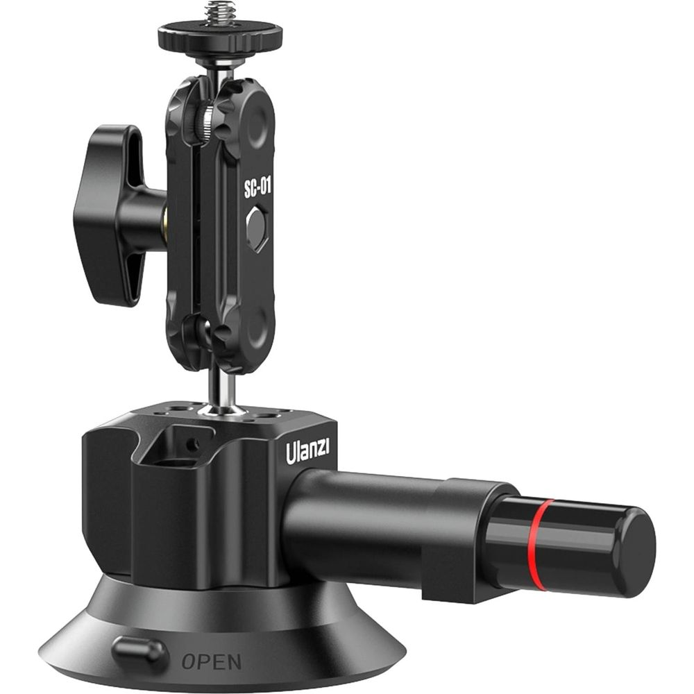 Czarny uchwyt do kamery z podstawą na przyssawkę i regulowanym ramieniem.