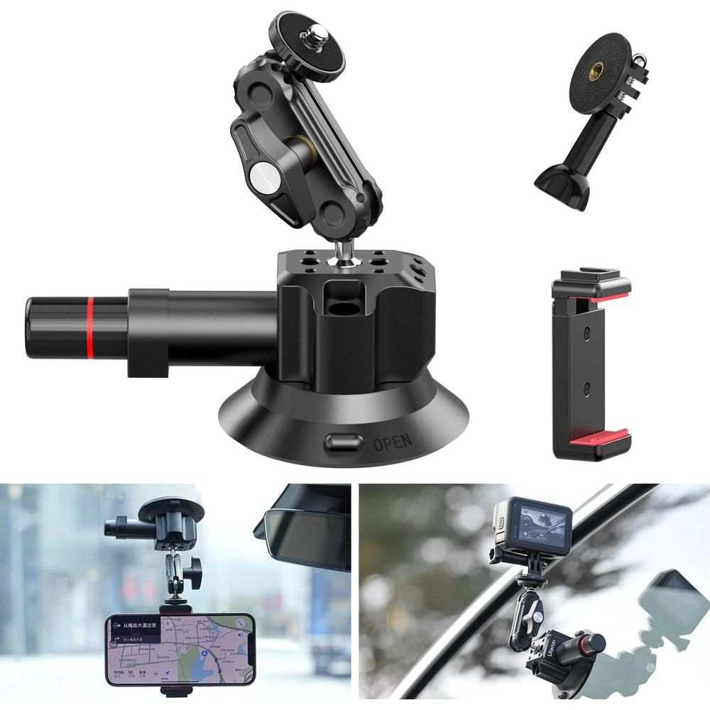 Czarne mocowania kamery i uchwyt na telefon w różnych konfiguracjach, z przyssawką.