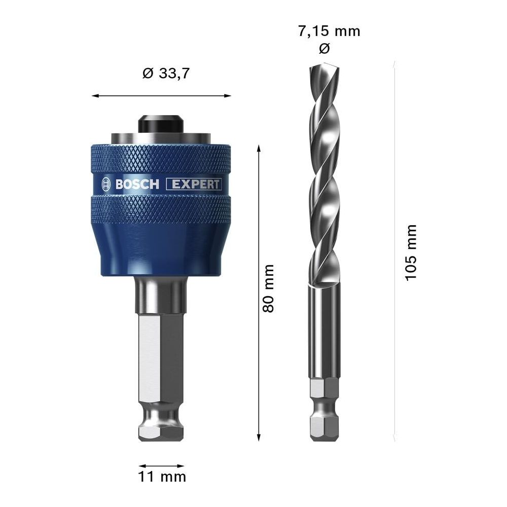 Bosch Expert matkap tutucu (80mm) ve matkap ucu (105mm) ölçüleriyle.