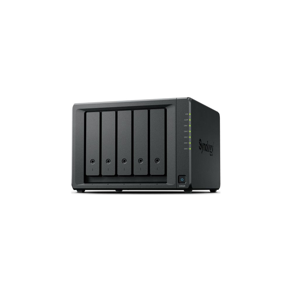 Caja NAS Synology negra con cinco bahías y LEDs de estado.