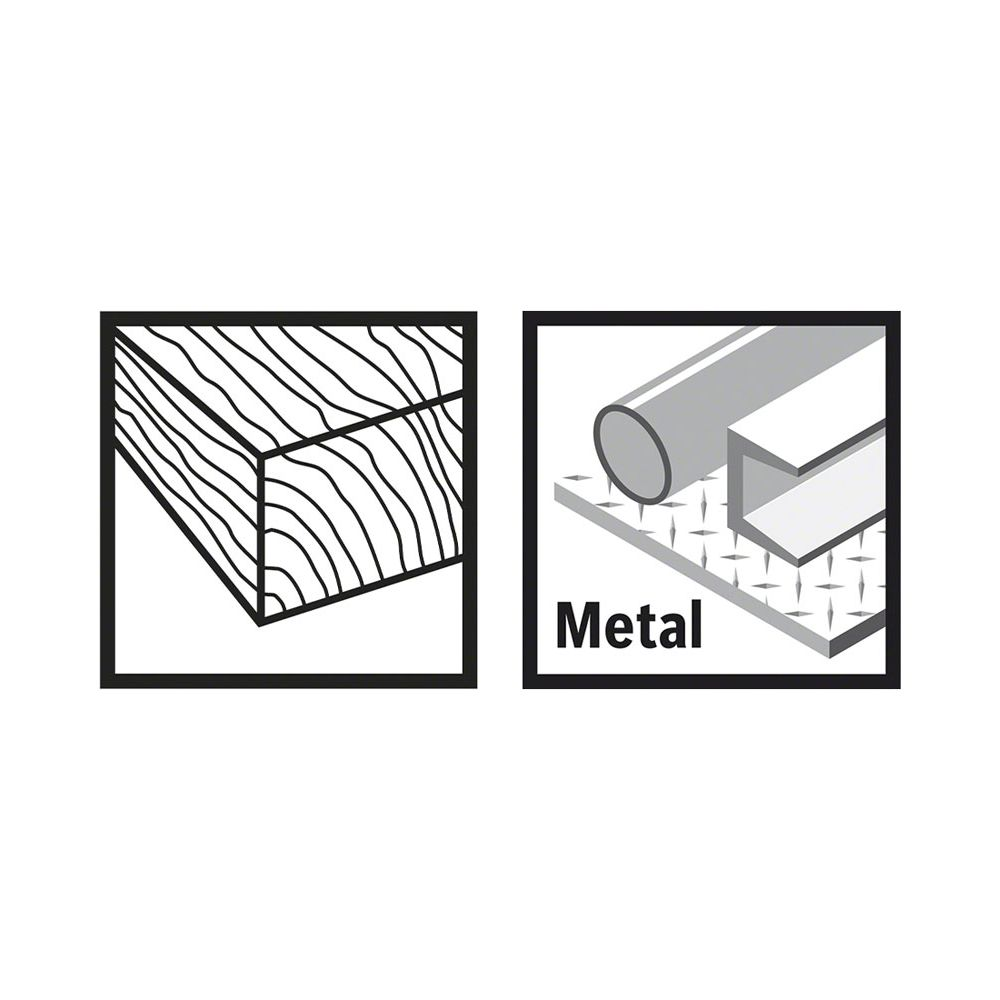 Holzquerschnitt links, Metallprofile rechts mit "Metall"-Schriftzug.