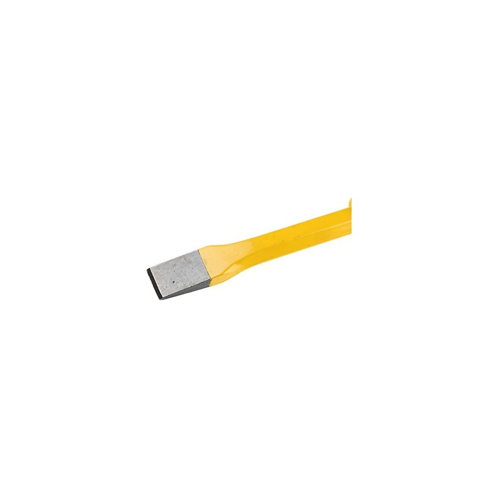 Un cincel amarillo con punta metálica sobre fondo blanco.