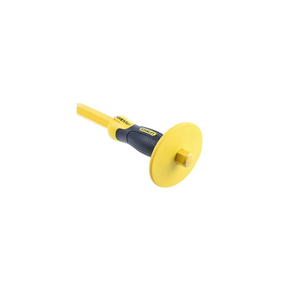 Un cincel amarillo con mango negro y protector de mano amarillo.