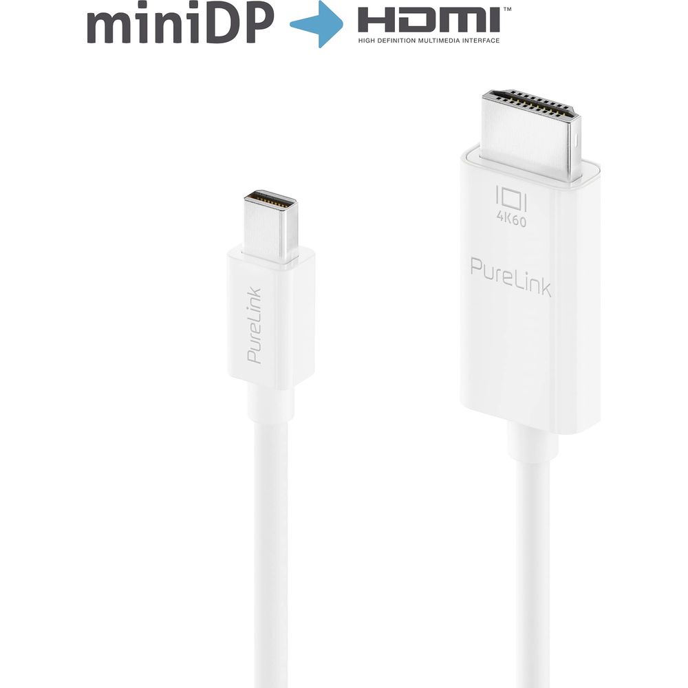 Due cavi PureLink bianchi: uno USB-C, uno HDMI. Logo MiniDP a HDMI.
