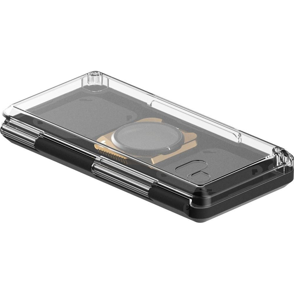 Przezroczyste etui na telefon z czarnym wykończeniem i złotym przedmiotem w środku.