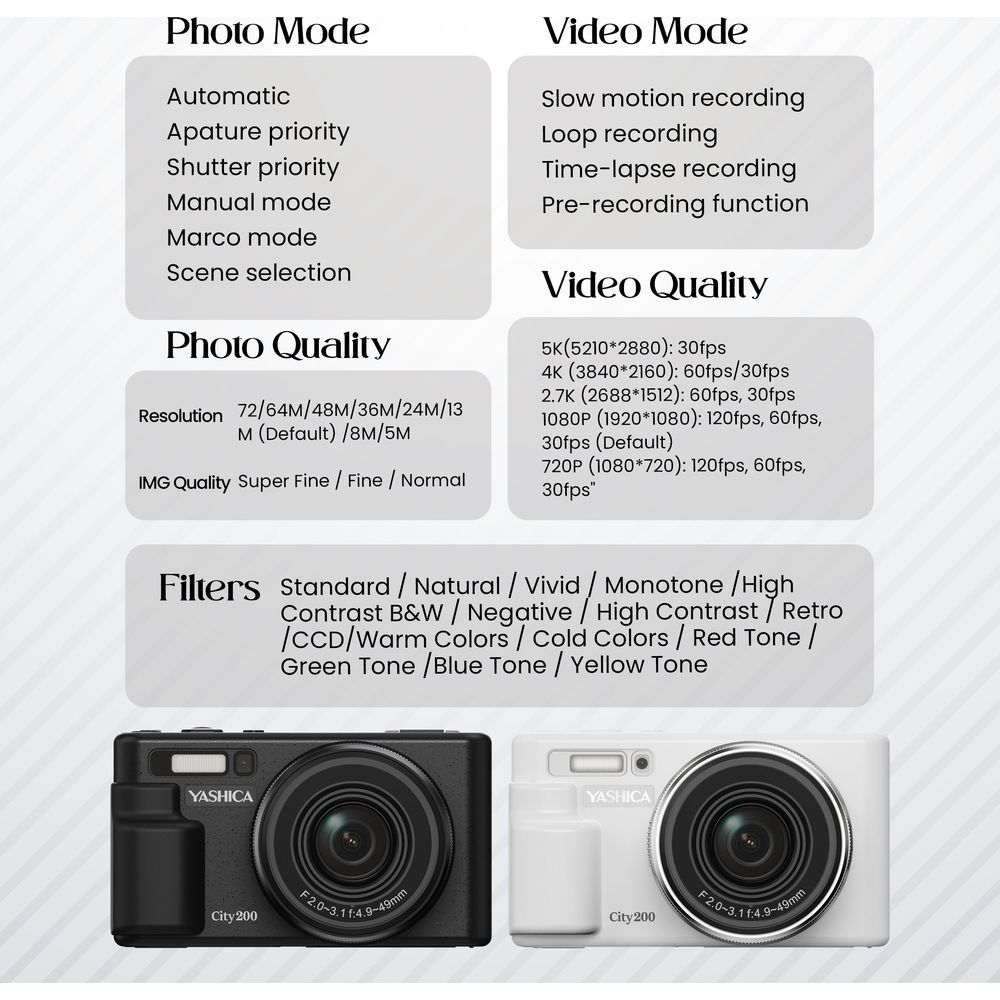 Resumen del producto: Modos de cámara, calidad de foto/vídeo, filtros y cámaras.