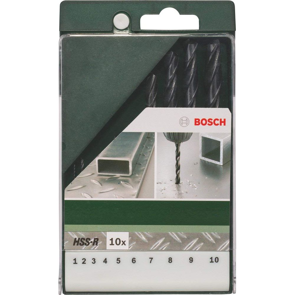 Jeu de forets BOSCH HSS-R, 10 pièces, tailles 1-10mm, en emballage.