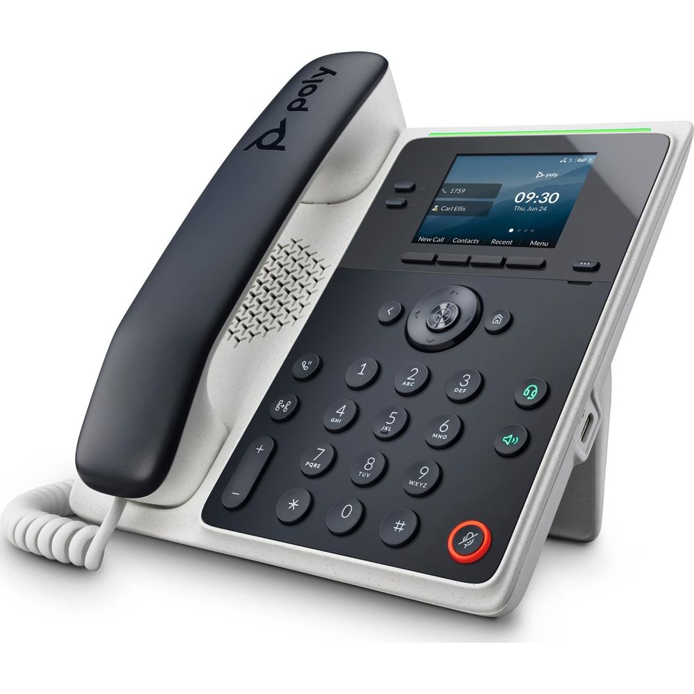 Un téléphone Poly moderne avec écran couleur, clavier et combiné.