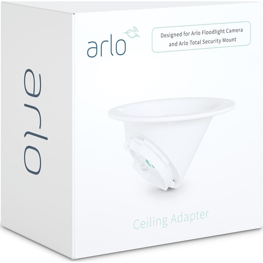 Weiße Arlo Deckenadapter-Verpackung mit Produktbild und Logo.