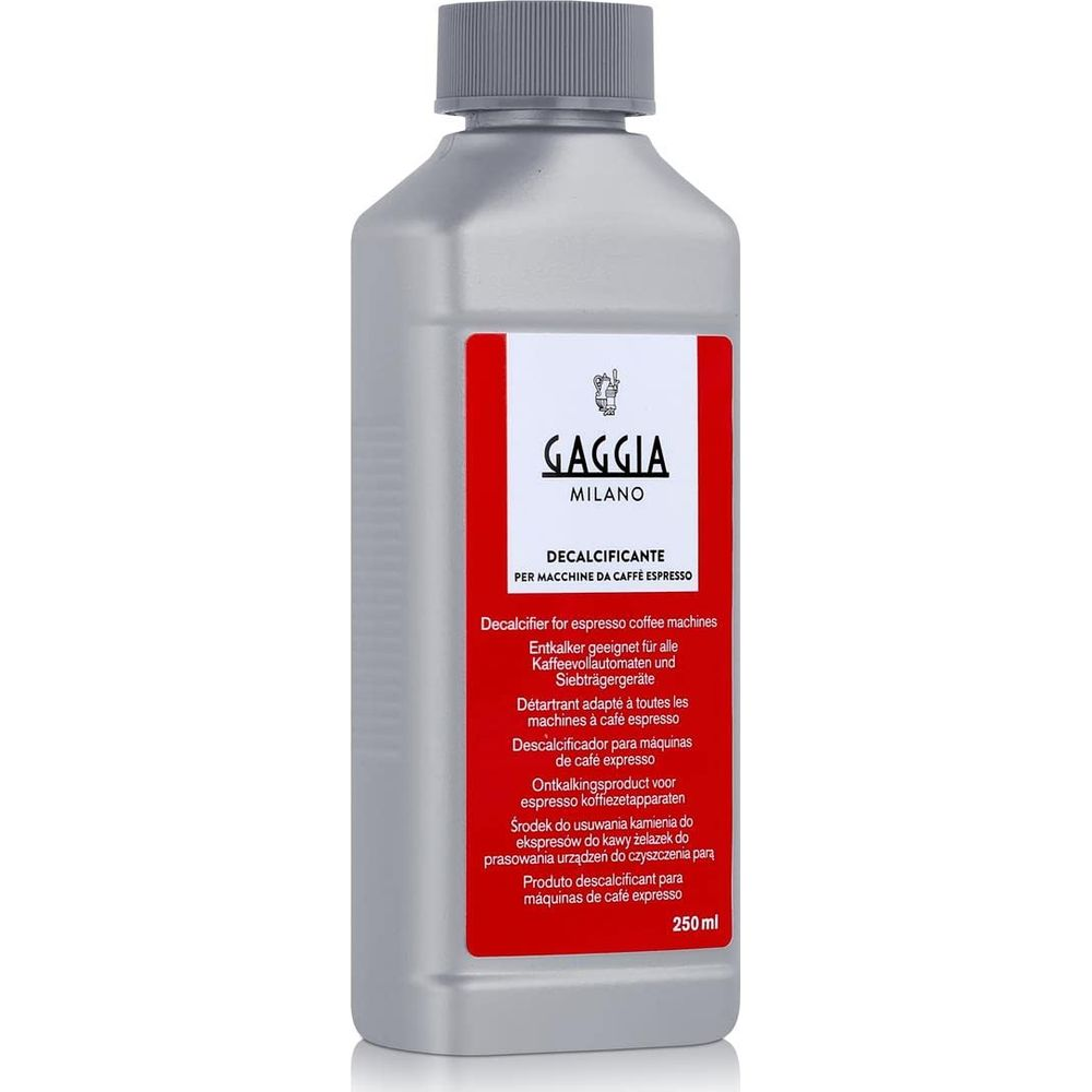 Silberne Flasche mit rotem Etikett für Gaggia Espresso-Maschinen-Entkalker.