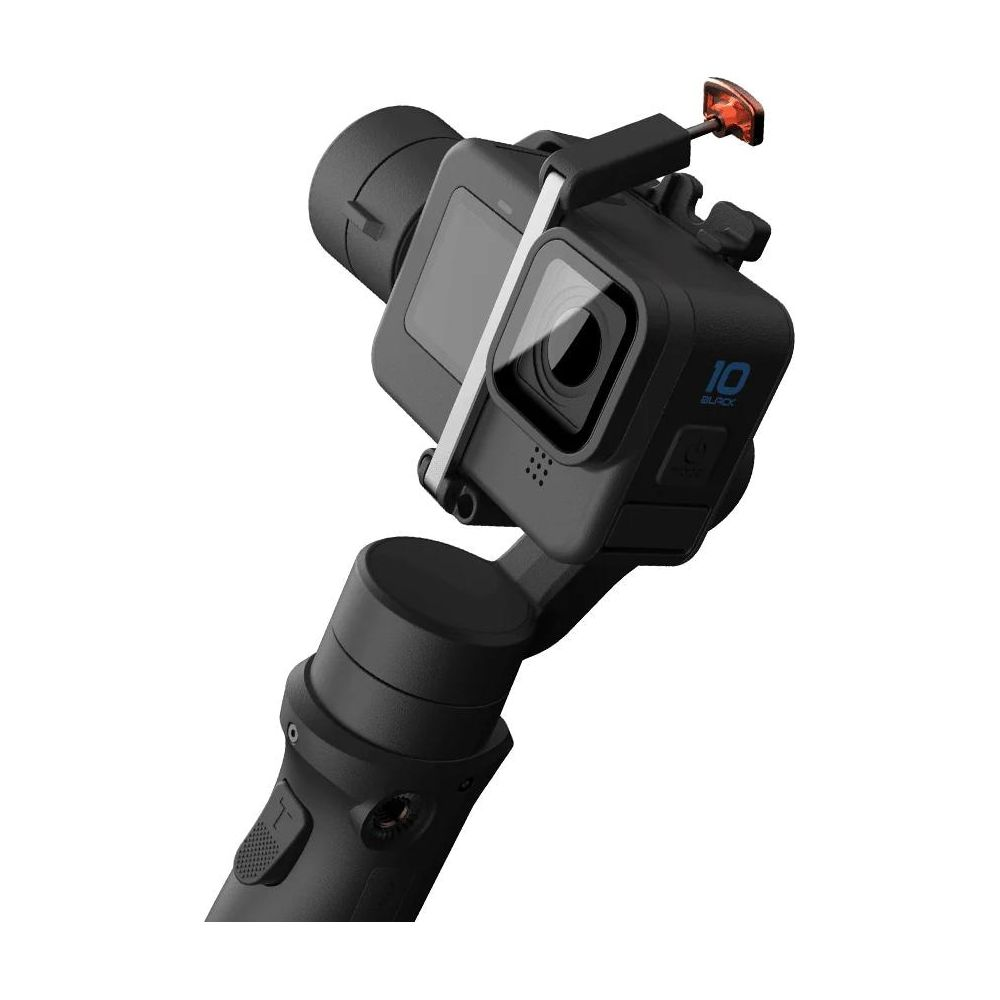 Czarny gimbal kamery akcji z GoPro Hero 10 na białym tle.