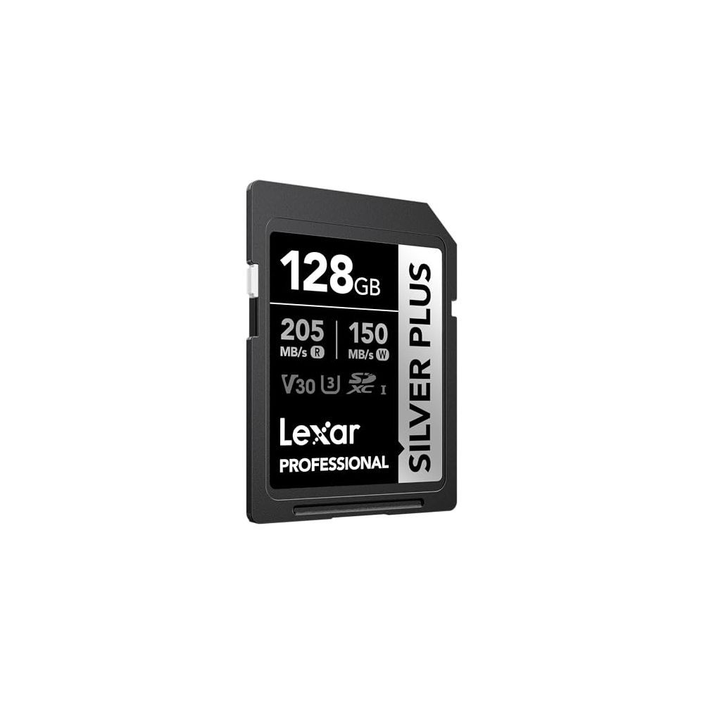 Una tarjeta SD negra Lexar Professional Silver Plus de 128 GB.