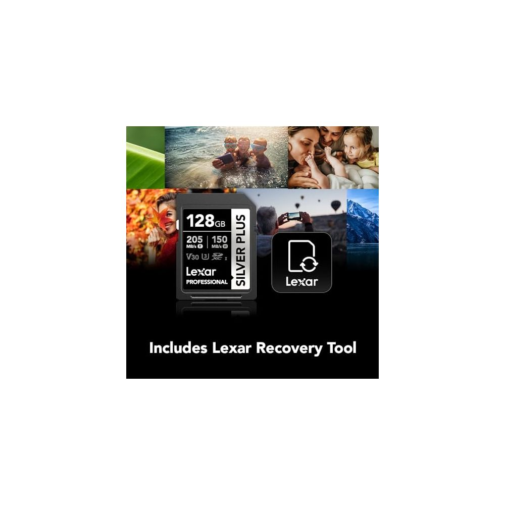 Tarjeta SD Lexar Silver Plus de 128 GB que muestra velocidades.