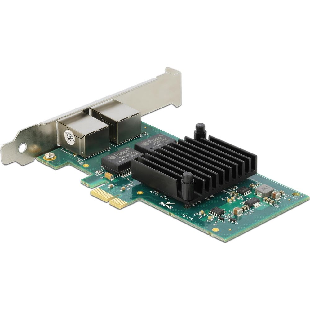 Scheda di rete con dissipatore, due porte RJ45 e staffa metallica.