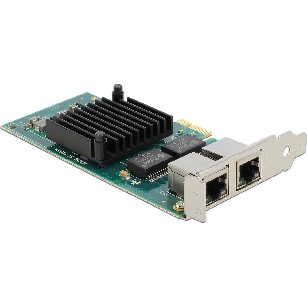 Scheda di rete con dissipatore e due porte RJ45.