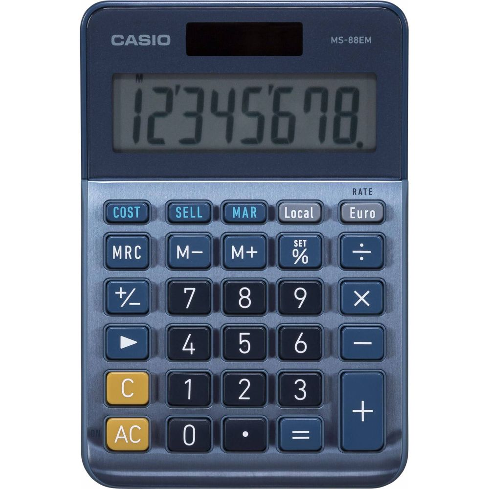 Ciemnoniebieski kalkulator Casio MS-88EM z dużym wyświetlaczem cyfrowym pokazującym 12345678.