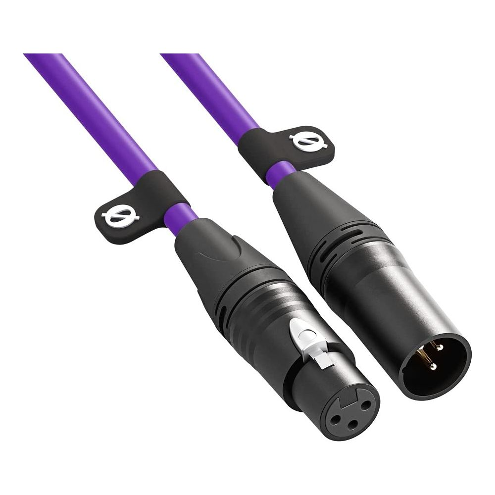 Cavo XLR viola con connettori neri, un'estremità maschio e una femmina.