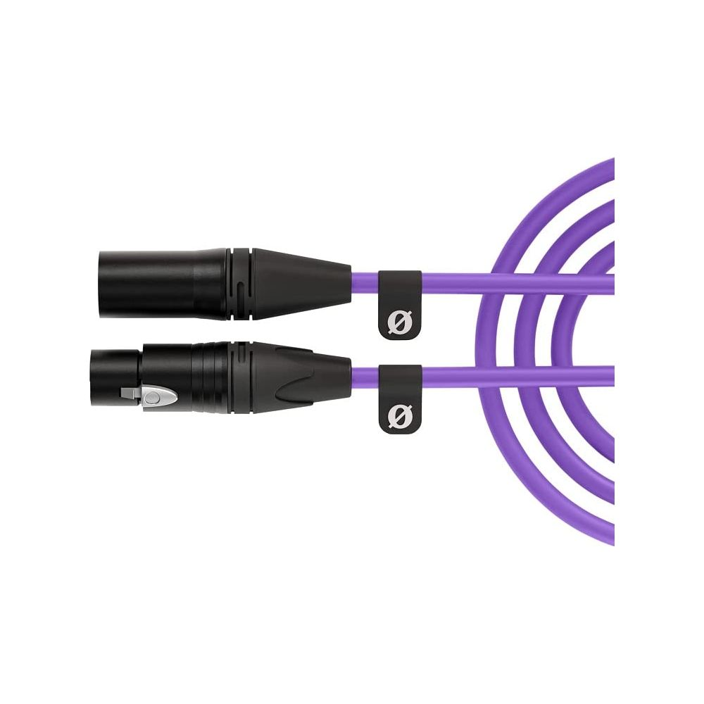 Due connettori XLR neri con cavi viola raggruppati su sfondo bianco.