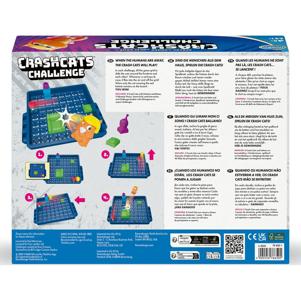 Il gioco "CrashCats Challenge" include tabellone, figure di gatti e accessori.
