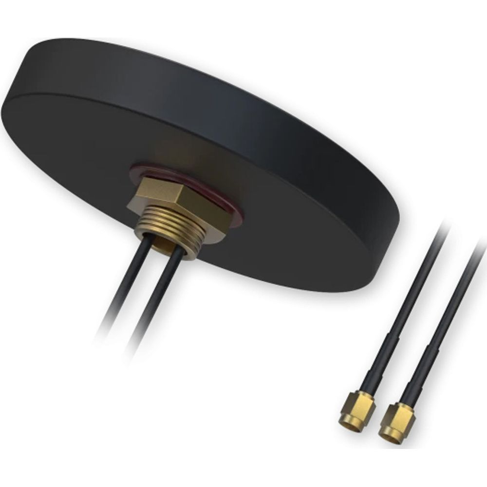 Base antenna circolare nera con connettori dorati e cavi.