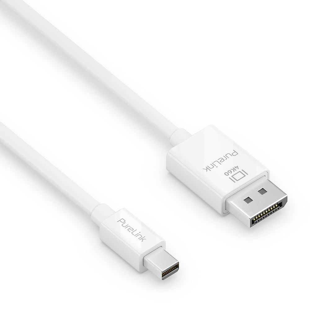 Ein weißes PureLink-Kabel mit Mini-DisplayPort- und DisplayPort-Anschlüssen.